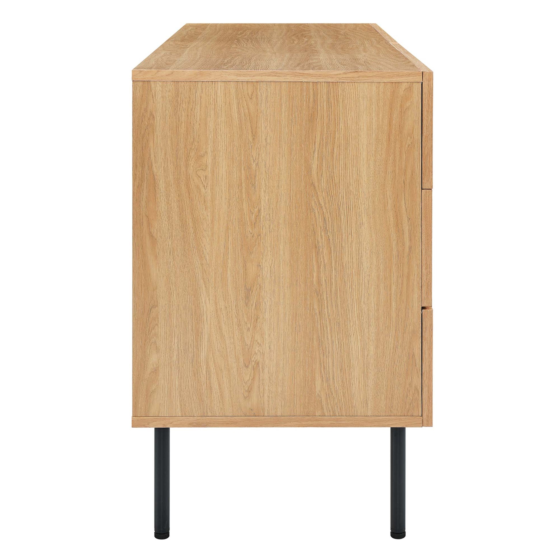 Oak wood dresser on black metal legs with six drawers, modern minimalist.