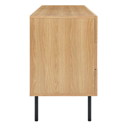 Oak wood dresser on black metal legs with six drawers, modern minimalist.