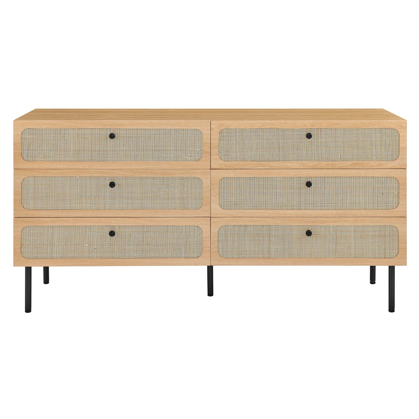 Natural oak dresser with six caned drawer fronts, black knobs, and slim black metal legs.