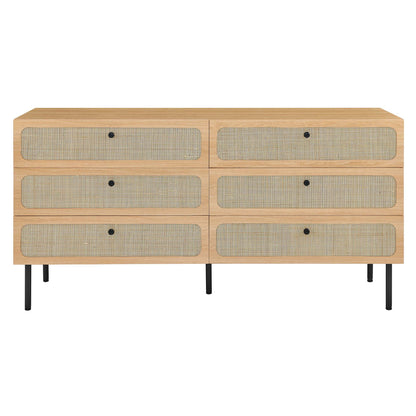 Natural oak dresser with six caned drawer fronts, black knobs, and slim black metal legs.