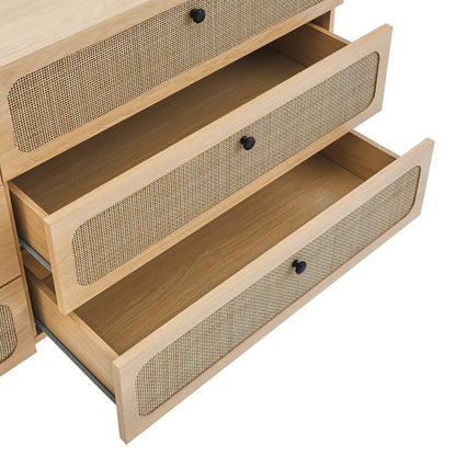 Light oak dresser with woven cane-front drawers and round black knobs, mid-century modern storage.