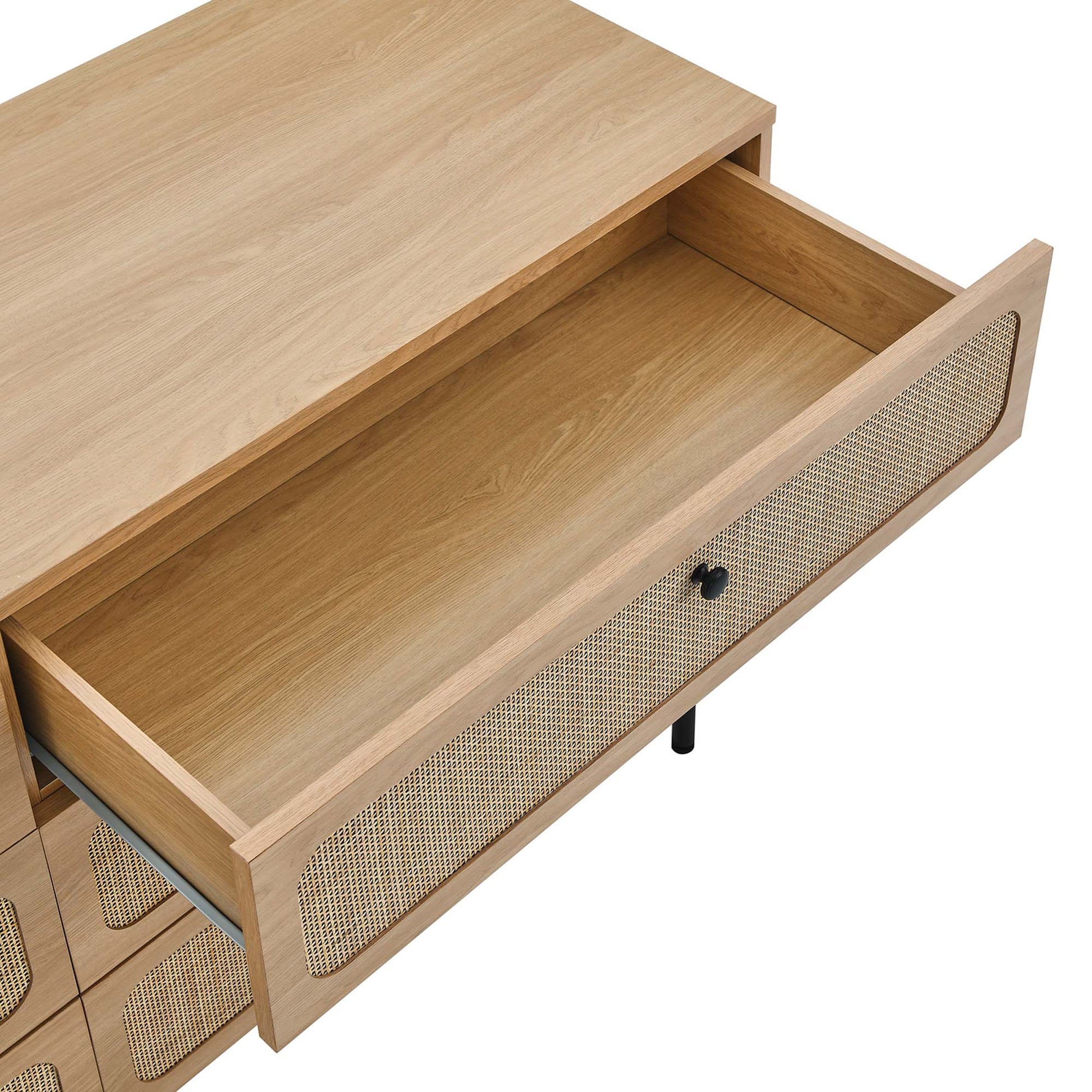 Oak-finish 6-drawer dresser in mid-century modern style with black knobs.
