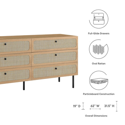 Oak-finished dresser with six oval rattan-front drawers, full-glide drawers, particleboard construction & black metal legs.
