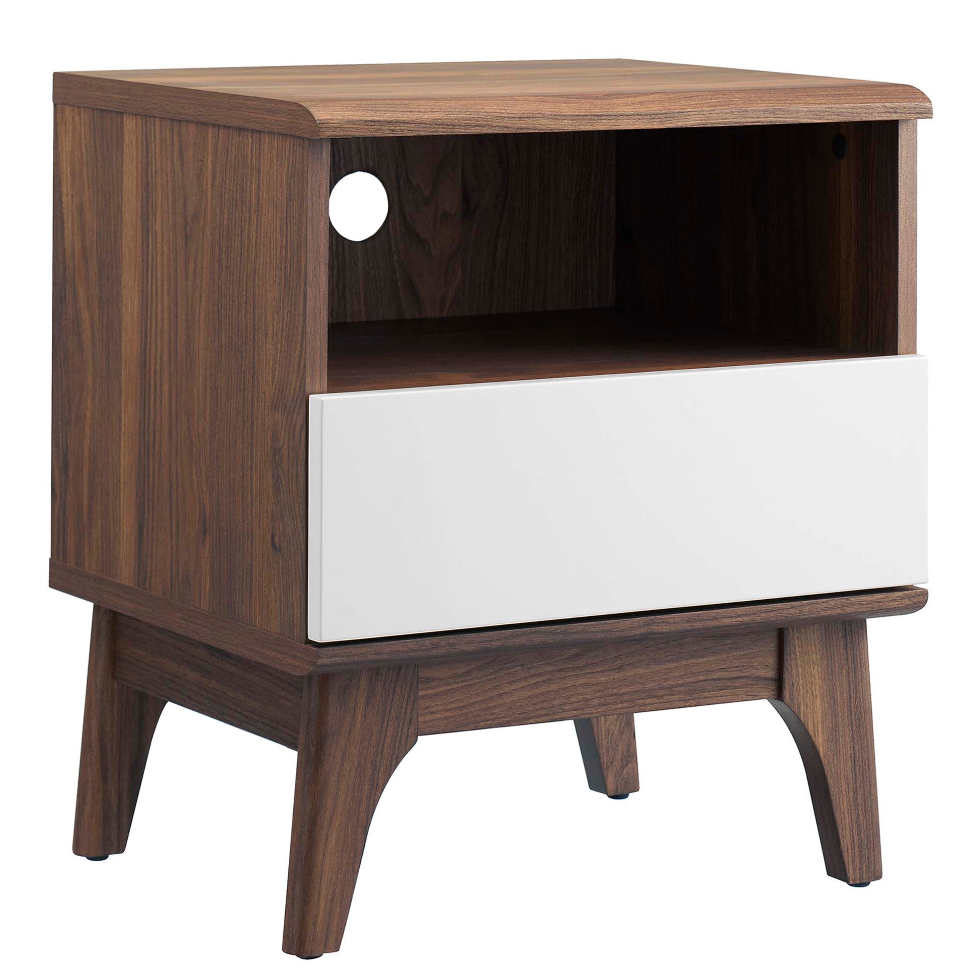 Walnut nightstand with white front drawer, open cubby, cable hole, curved top edge, angled mid-century legs.