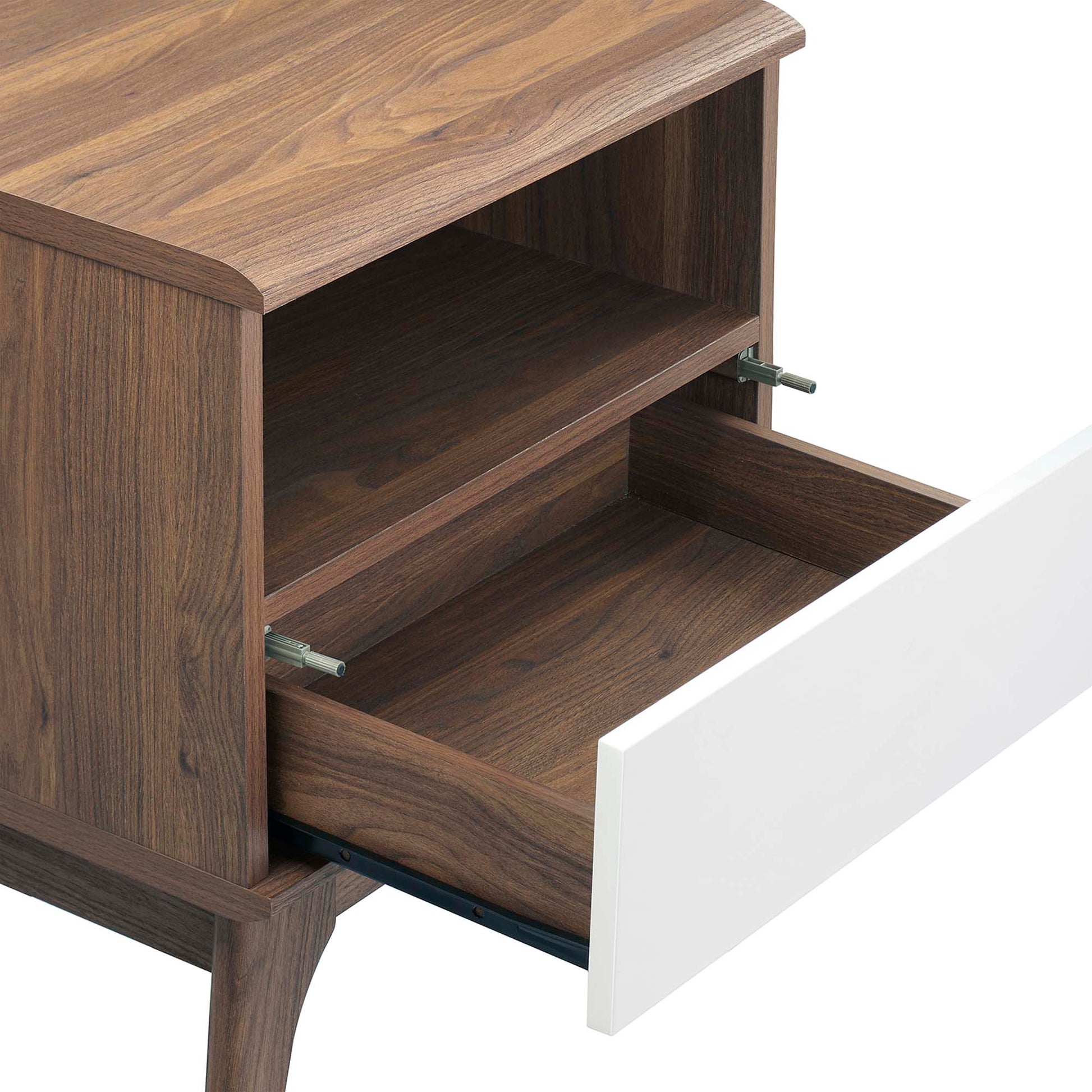Walnut-finish nightstand with a white drawer pulled out, two inner shelves and metal glides.