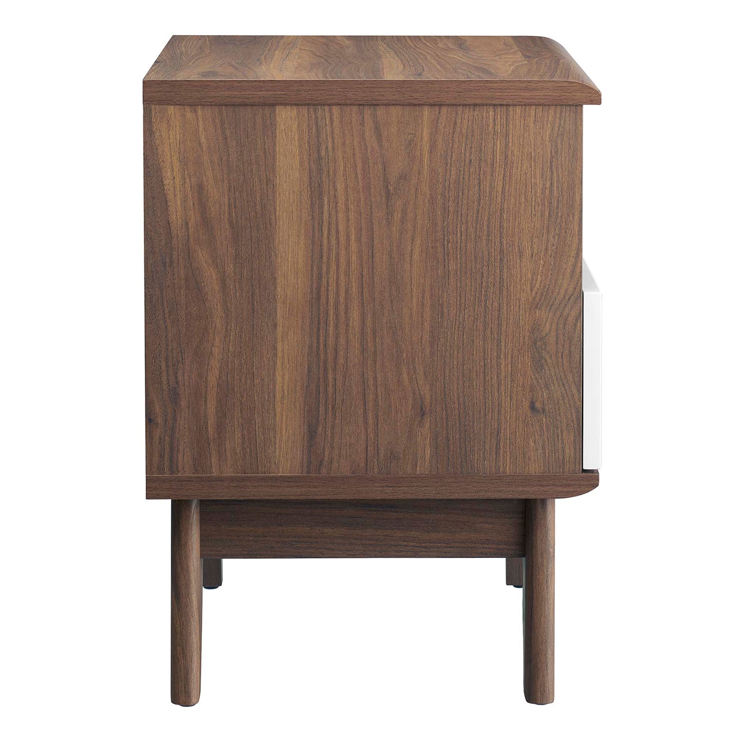 Walnut veneer nightstand with a contrasting white drawer front on the right and tapered legs.