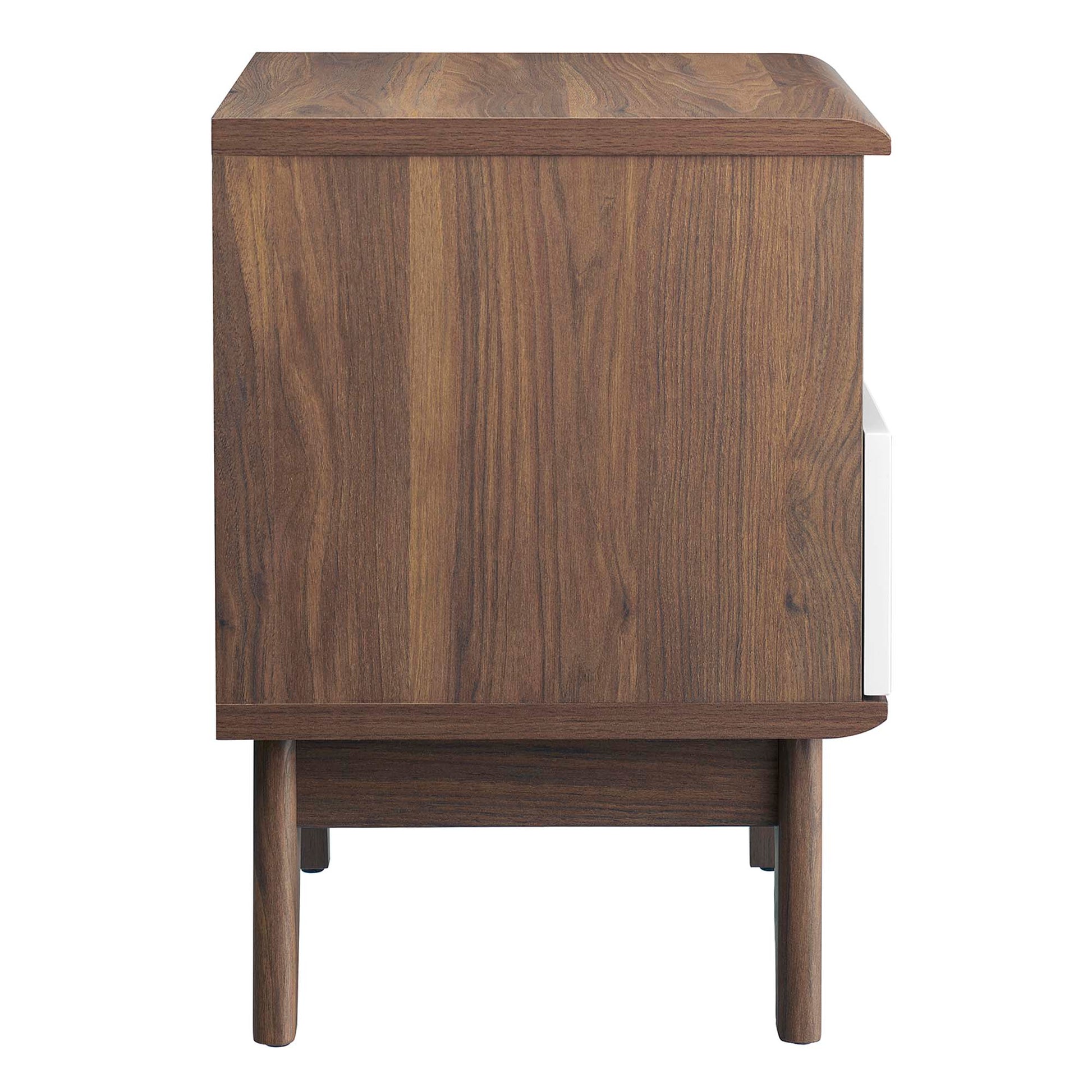 Walnut veneer nightstand with a contrasting white drawer front on the right and tapered legs.