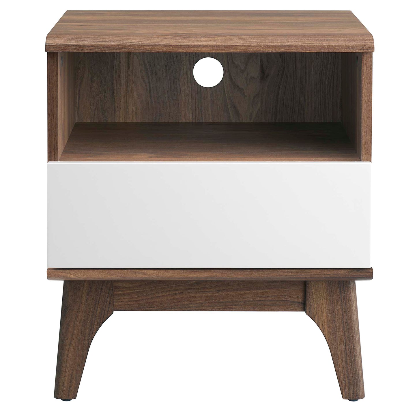 Walnut nightstand with open cubby, white front drawer, circular cable hole, mid-century tapered legs.