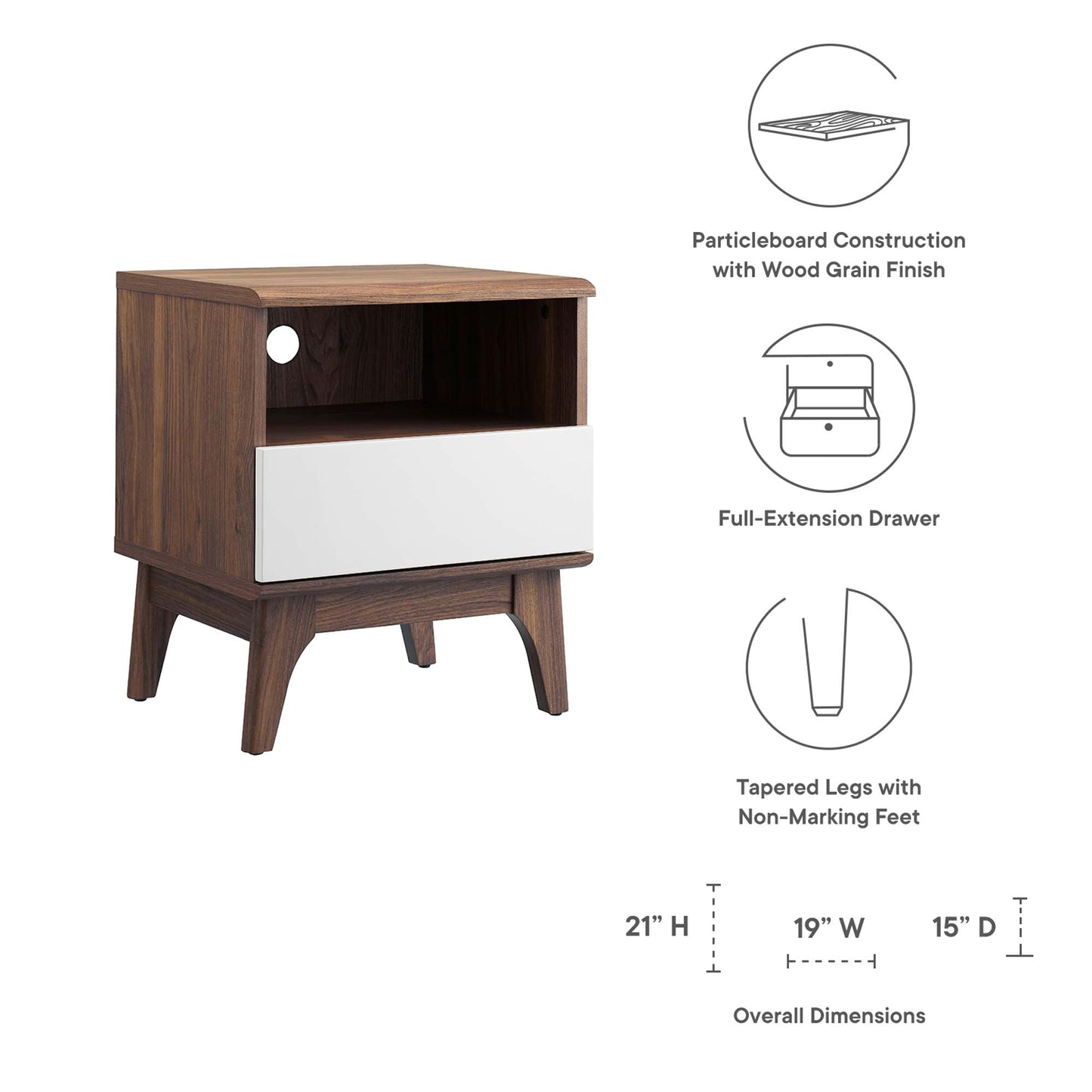 Walnut wood nightstand with white front drawer, open shelf, tapered legs; mid-century modern style.