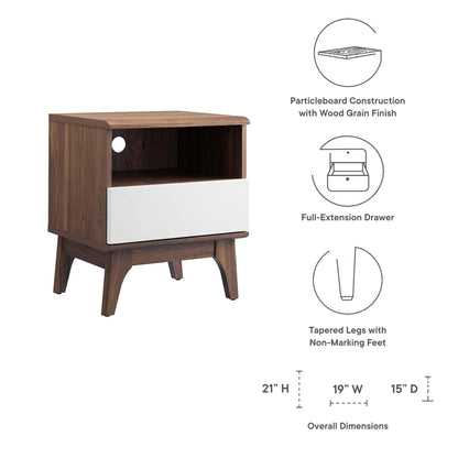 Walnut wood nightstand with white front drawer, open shelf, tapered legs; mid-century modern style.