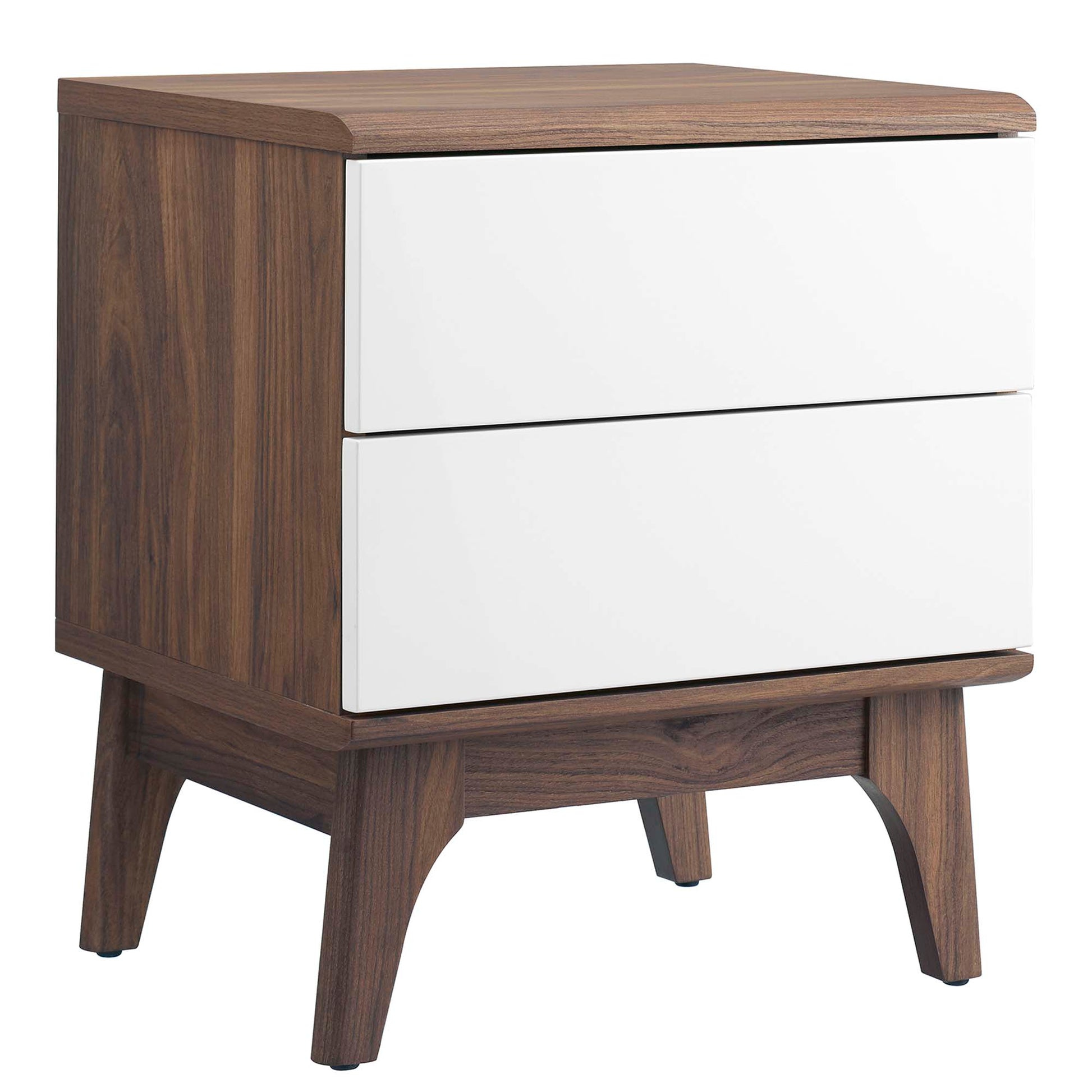 Walnut-finish nightstand with two white drawers and tapered mid-century legs
