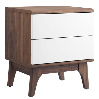 Walnut-finish nightstand with two white drawers and tapered mid-century legs