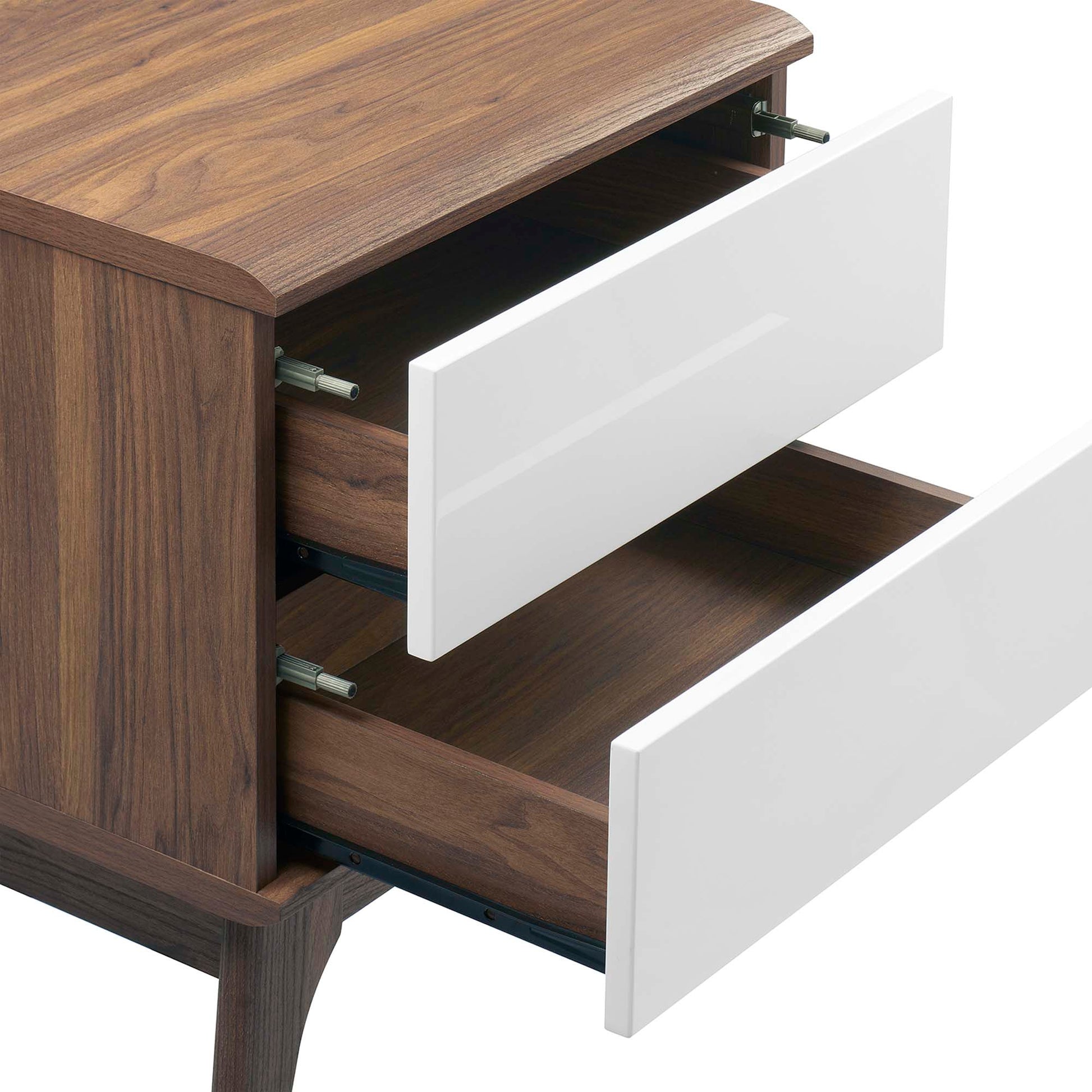 Walnut-finish wooden nightstand with two white handleless drawers pulled open to reveal the interior.