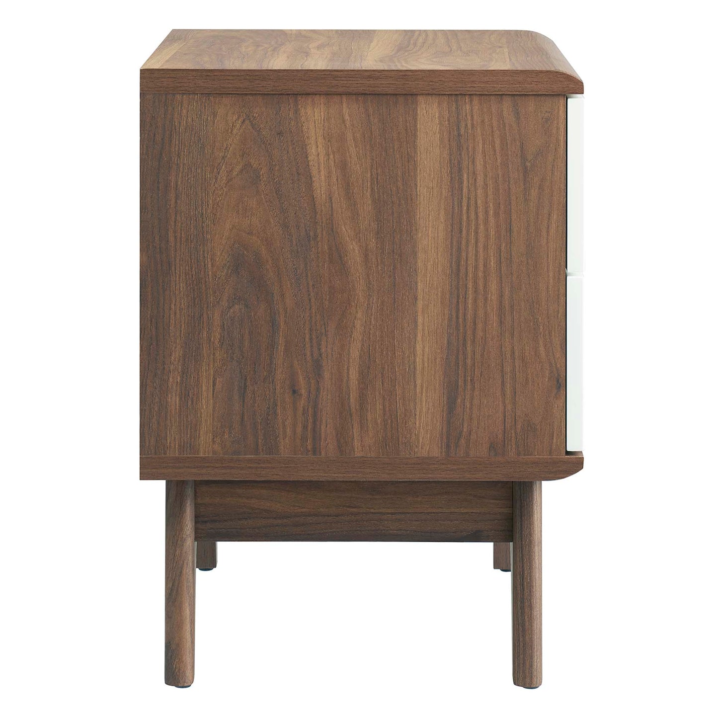 Walnut-finish mid-century 2-drawer nightstand with white drawer fronts, rectangular top, tapered legs.