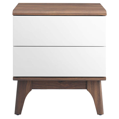 Walnut top and legs two-drawer nightstand with white fronts, mid-century modern style.