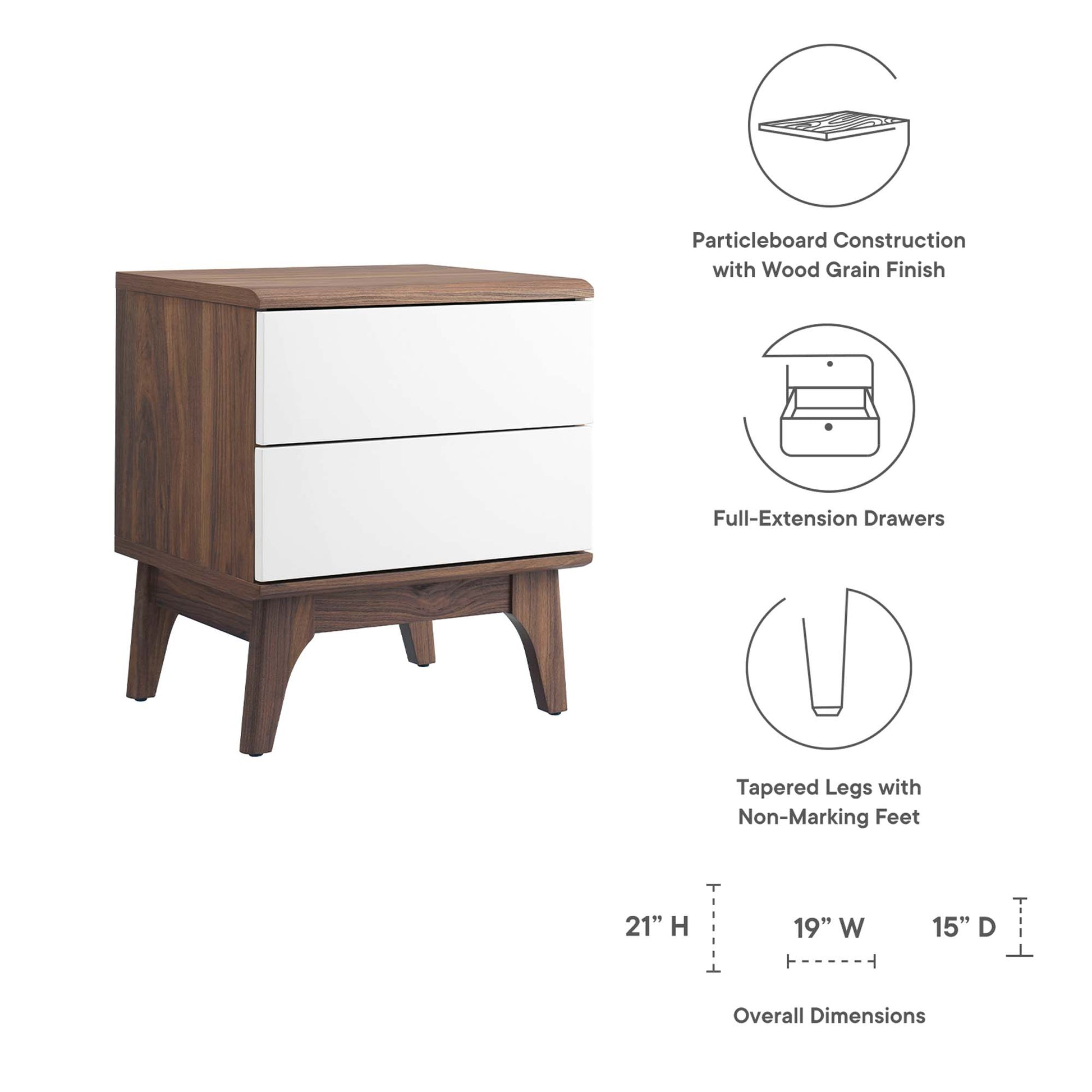 Walnut wood nightstand with white two-drawer fronts, full-extension drawers, tapered legs, mid-century modern style.