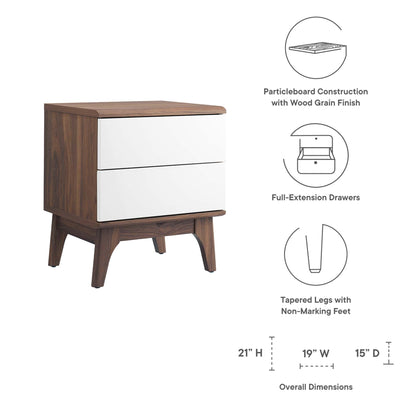 Walnut wood nightstand with white two-drawer fronts, full-extension drawers, tapered legs, mid-century modern style.