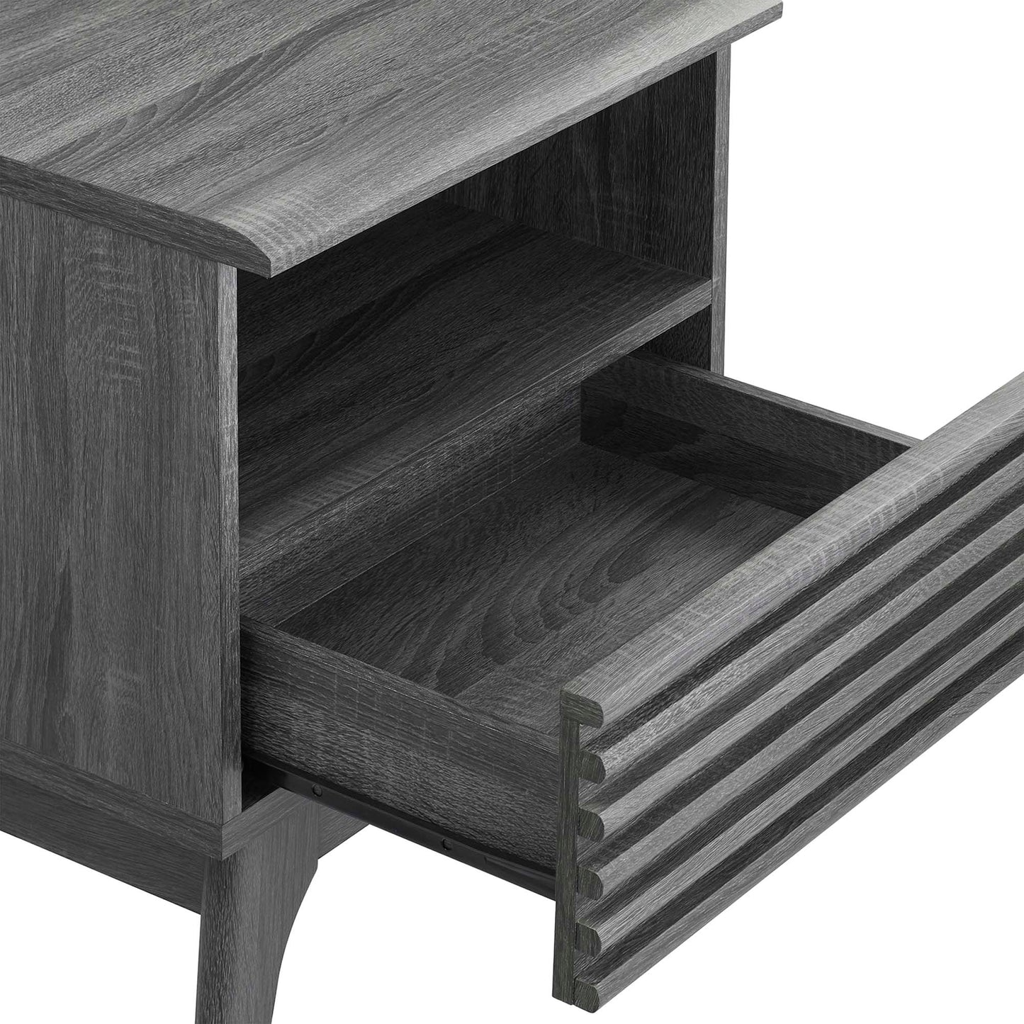 Black wood nightstand with open shelf and grooved-front drawer; tapered legs.