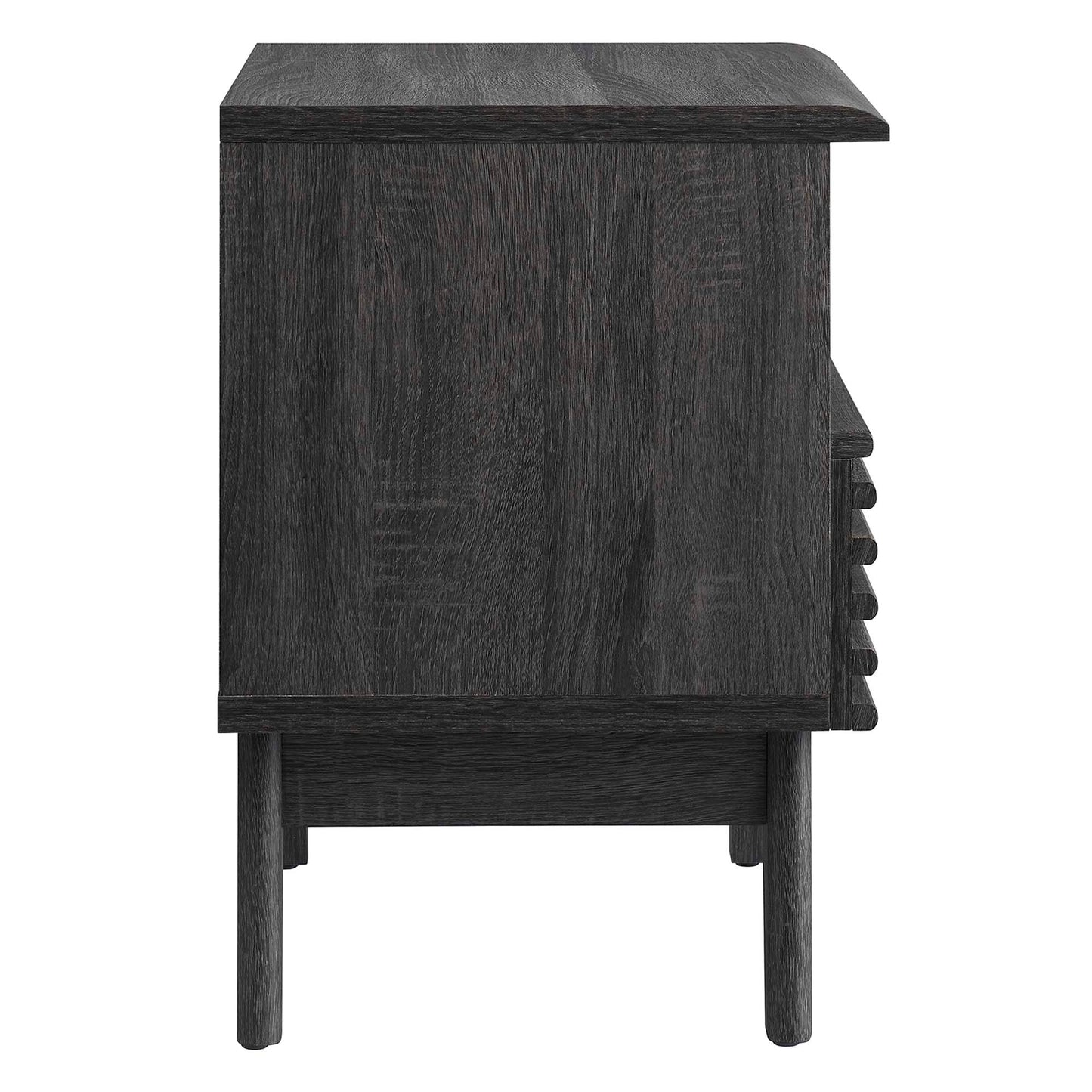 Dark charcoal wood nightstand with a flat top surface and tapered legs.