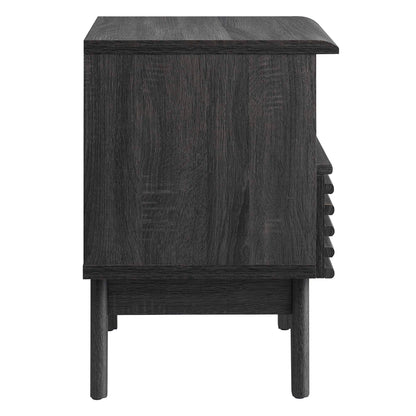 Dark charcoal wood nightstand with a flat top surface and tapered legs.