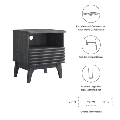 Black wood-grain nightstand with an open cubby, cable management hole, full-extension drawer, and tapered non-marking feet.