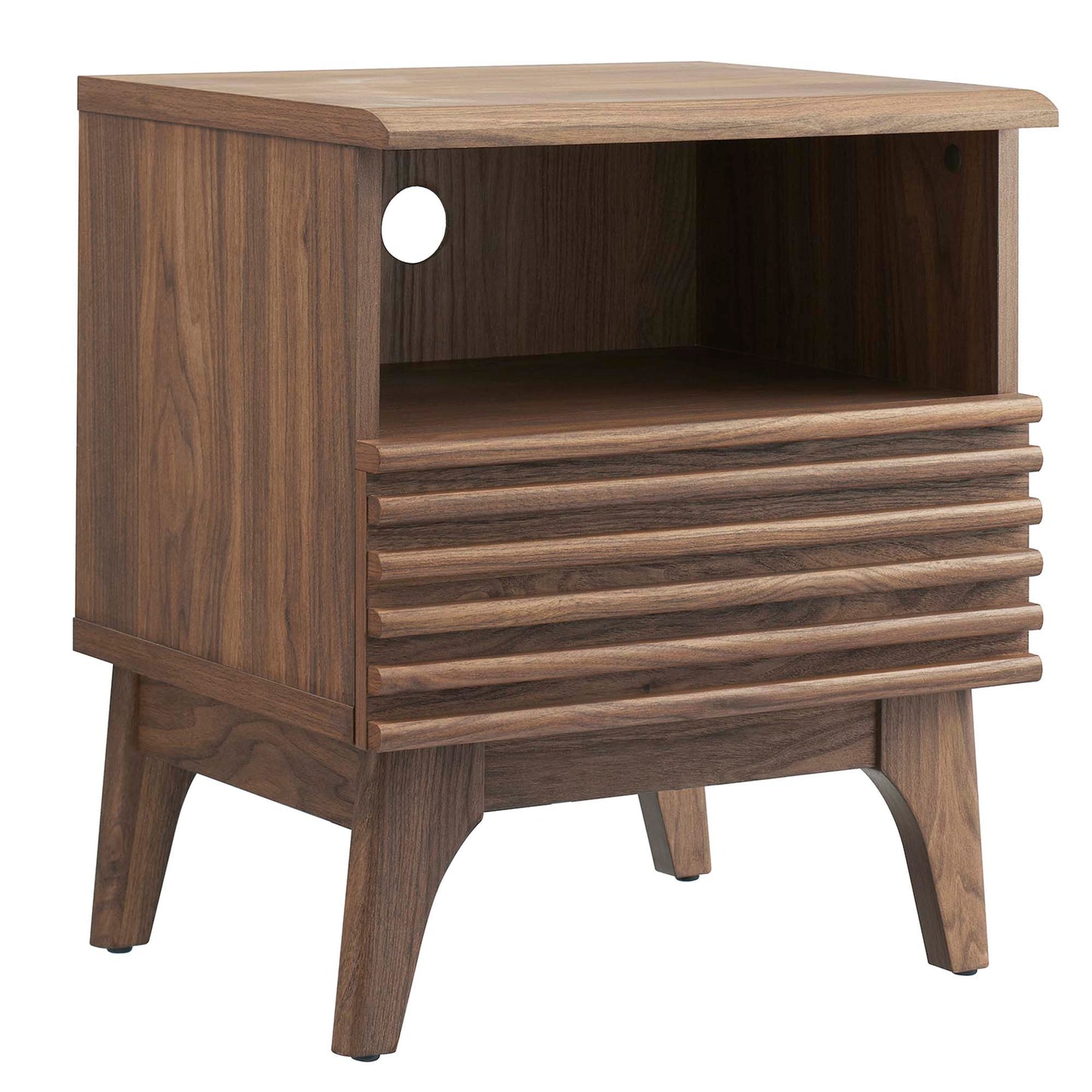 Walnut-finish mid-century nightstand with open cubby, ridged front drawer, circular cable hole, angled legs.