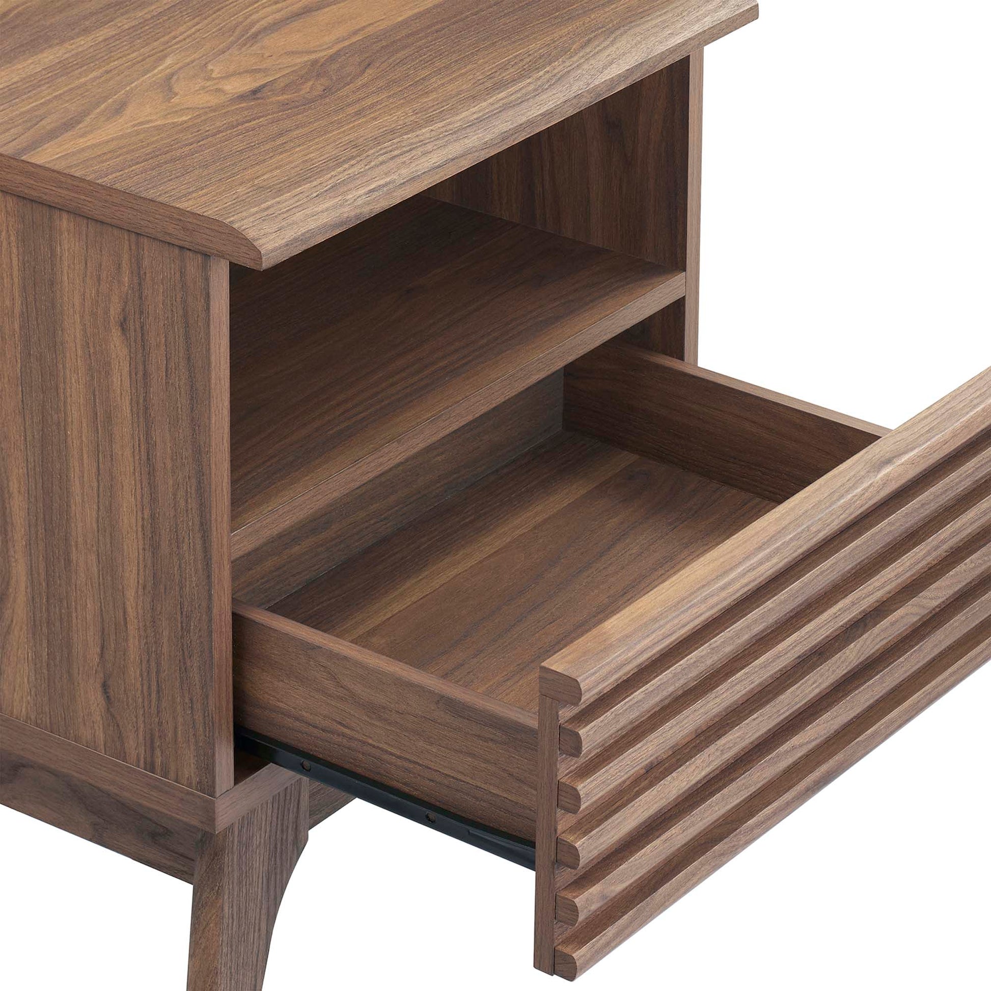 Walnut-finish mid-century nightstand with top surface, open shelf, and grooved-front pull-out drawer.