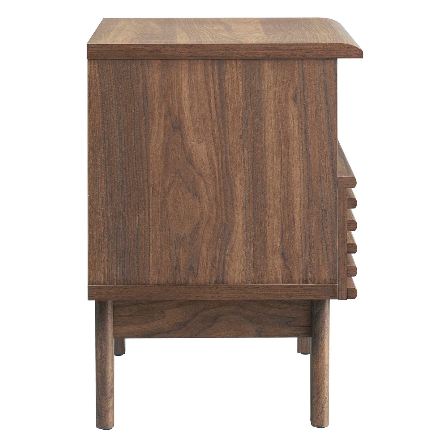 Walnut wood mid-century nightstand with flat top, tapered legs, and right-side stepped cubbies.