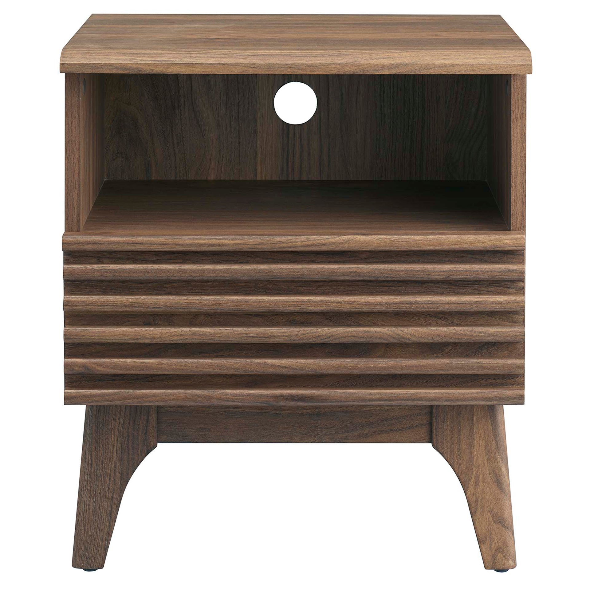 Walnut finish mid-century nightstand with open top shelf, ribbed drawer front, circular cable hole, and angled legs.