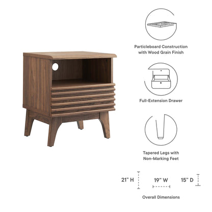 Walnut-finished wooden nightstand with open shelf and slatted drawer front; tapered legs, mid-century modern style.