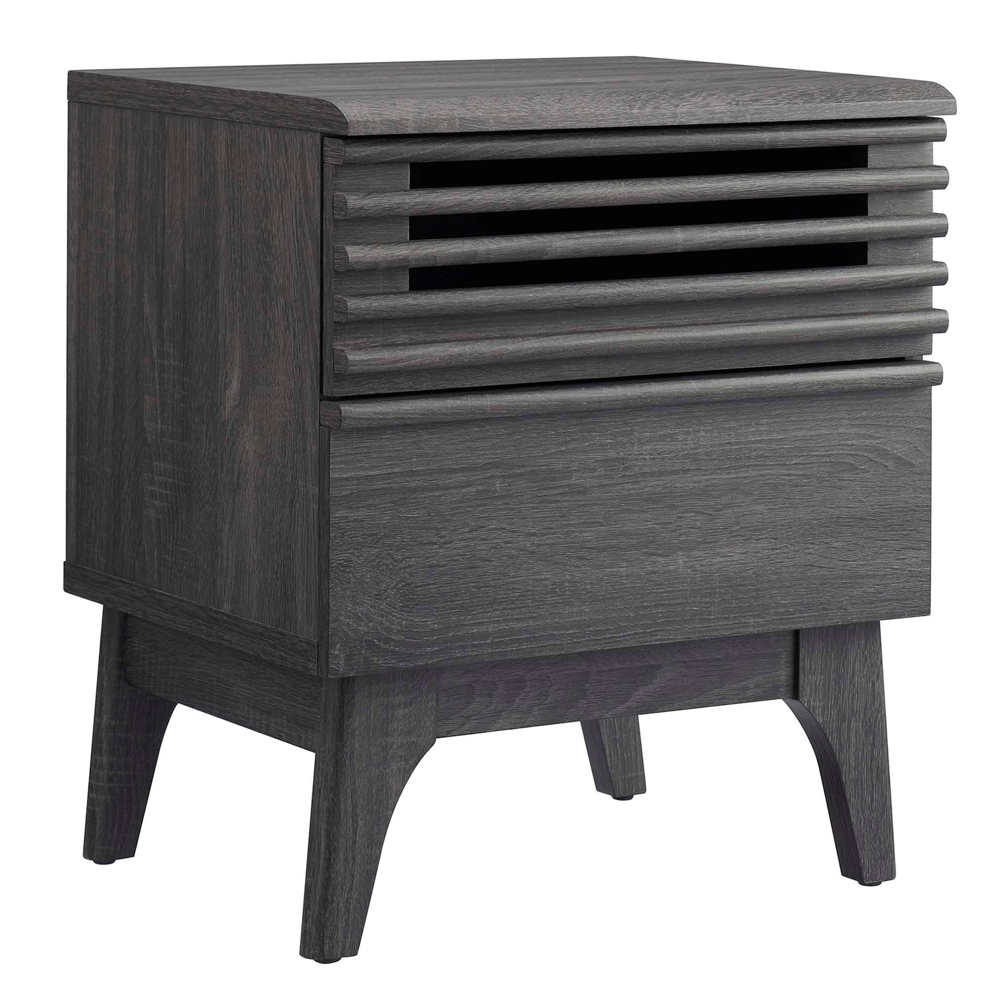 Dark charcoal wood nightstand with a slatted front panel and tapered legs; mid-century modern bedside storage.