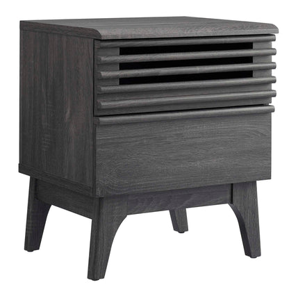 Dark charcoal wood nightstand with a slatted front panel and tapered legs; mid-century modern bedside storage.