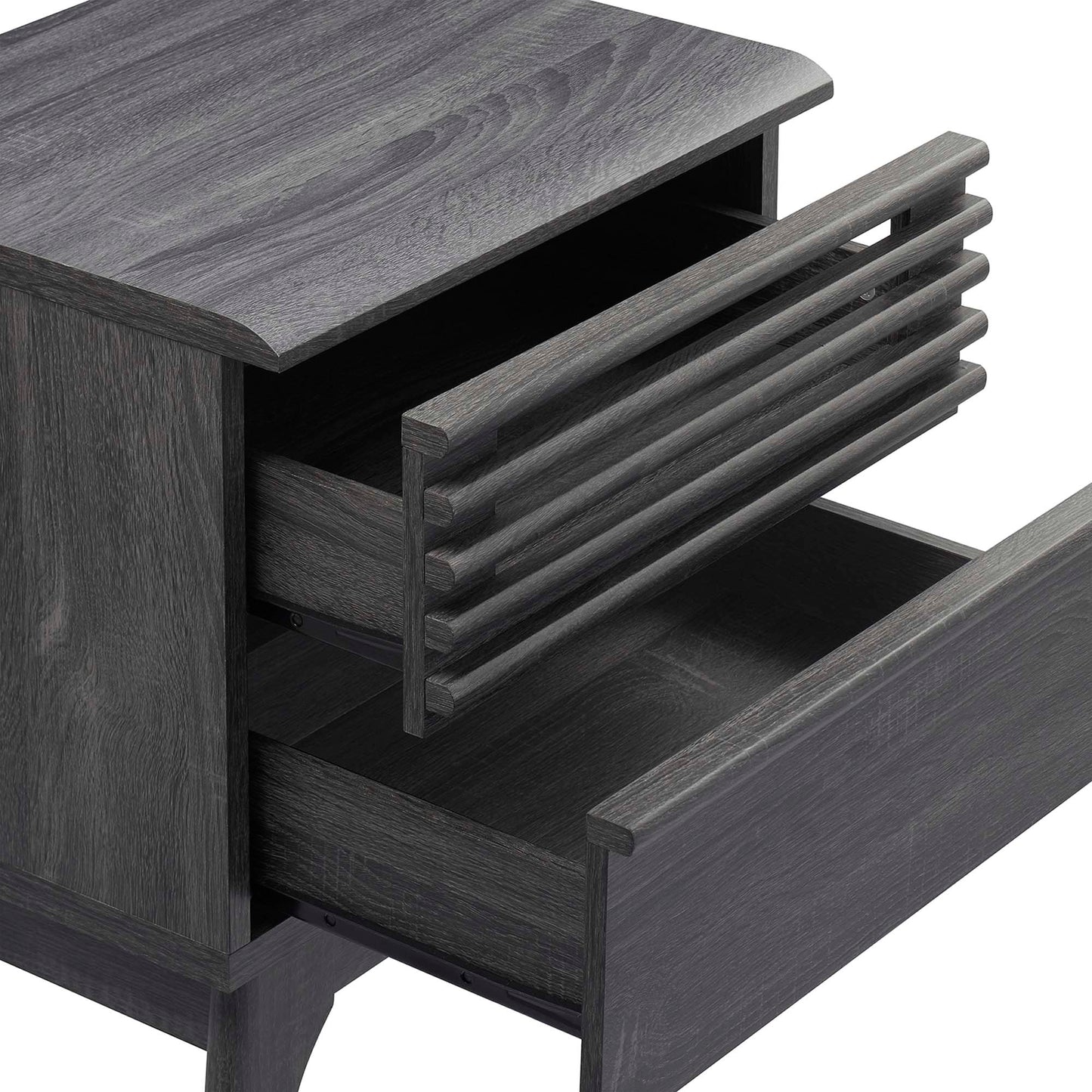 Black wood nightstand with two drawers; top slatted-front drawer is partially extended and the lower drawer is pulled out.