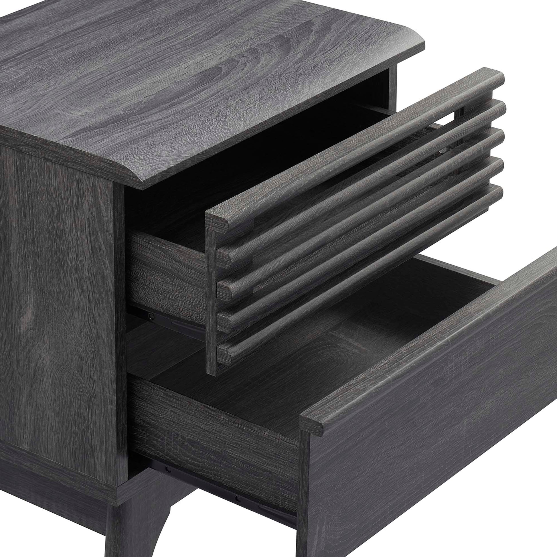 Black wood nightstand with two drawers; top slatted-front drawer is partially extended and the lower drawer is pulled out.