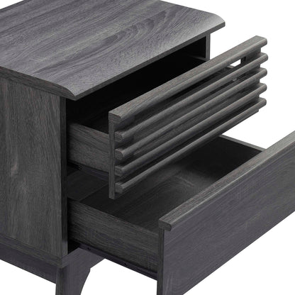 Black wood nightstand with two drawers; top slatted-front drawer is partially extended and the lower drawer is pulled out.