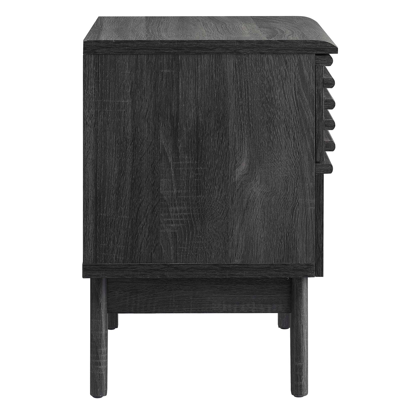 Dark charcoal wood nightstand on legs with a right-side built-in wine rack and smooth front.