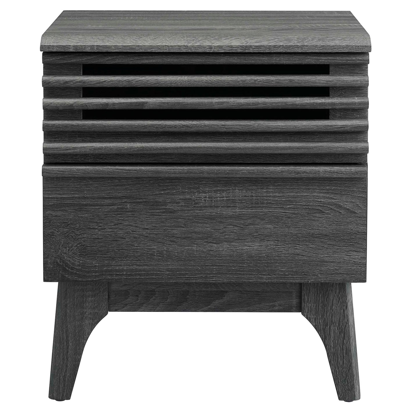 Black wood nightstand with a slatted upper vent, solid lower drawer panel, and curved tapered legs.