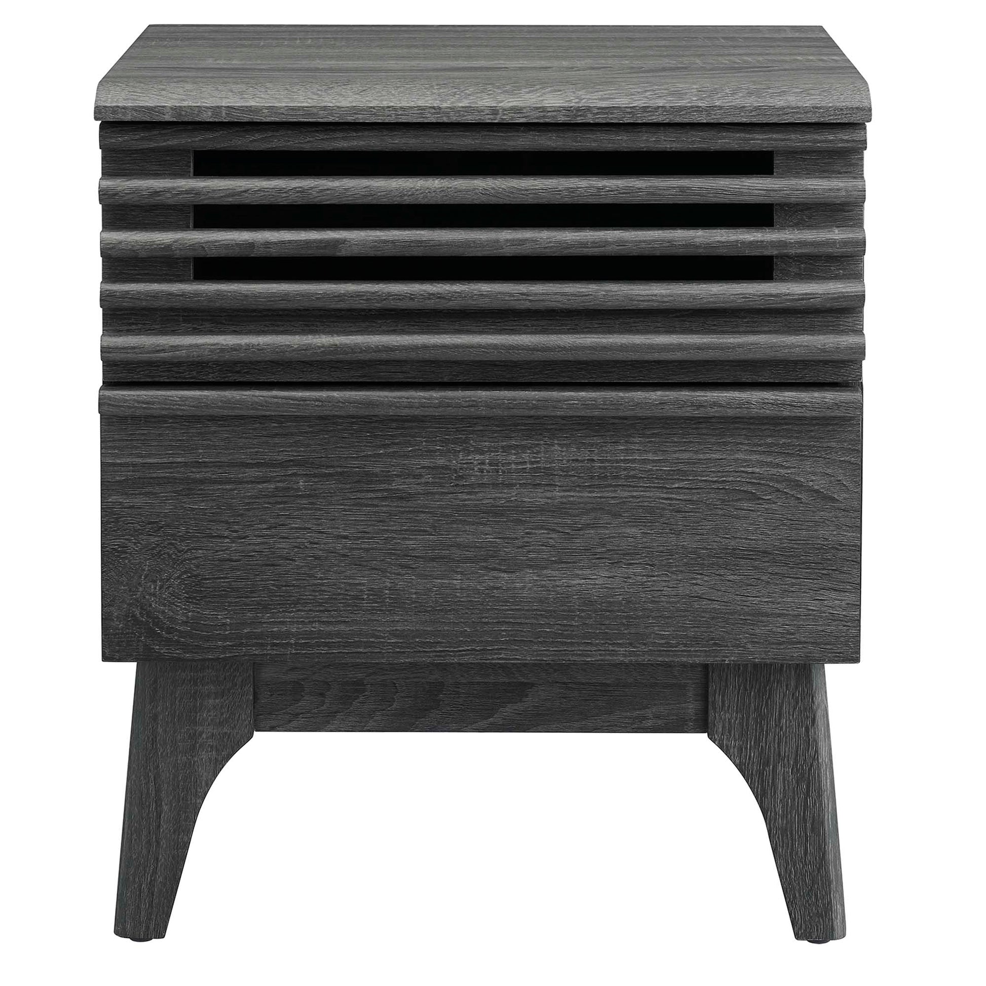 Black wood nightstand with a slatted upper vent, solid lower drawer panel, and curved tapered legs.