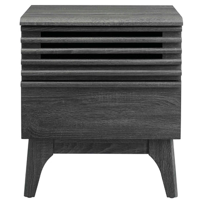 Black wood nightstand with a slatted upper vent, solid lower drawer panel, and curved tapered legs.