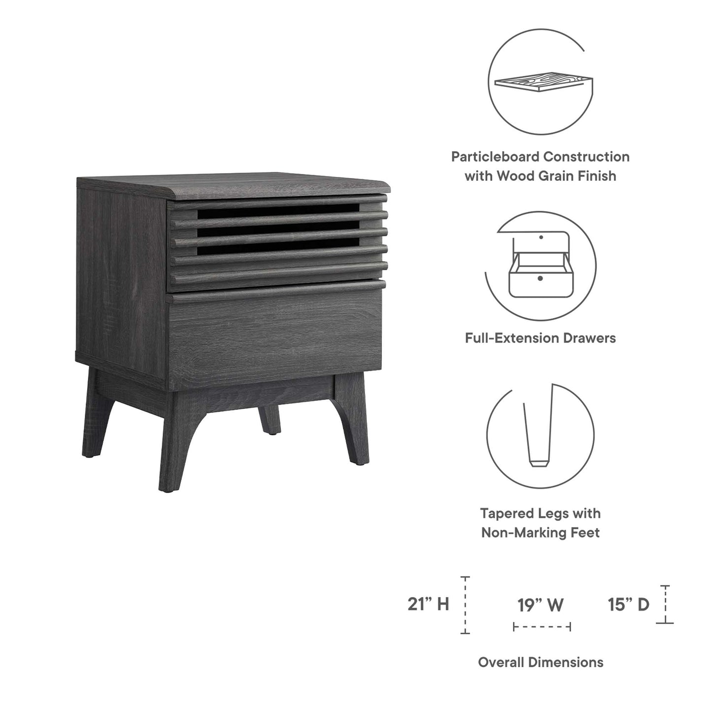 Dark wood grain nightstand with slatted front, full-extension drawers, and tapered legs; modern rustic design.