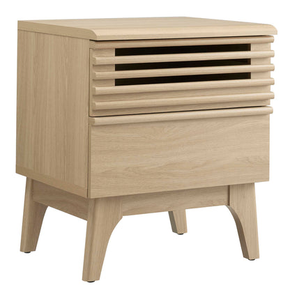 Light oak bedside table with a louvered upper drawer, solid lower drawer, and tapered legs.