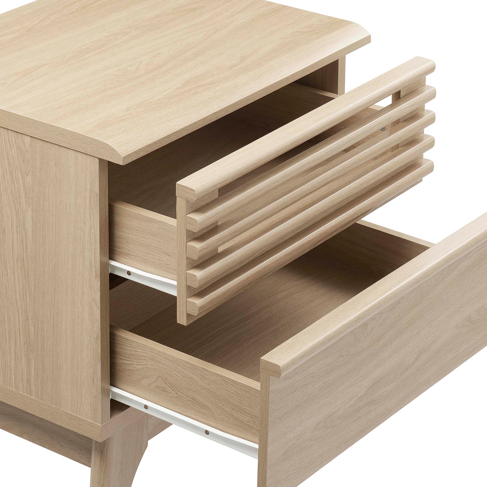 Light oak wood bedside cabinet with two drawers, slatted front top drawer and full-depth bottom drawer, minimalist storage.