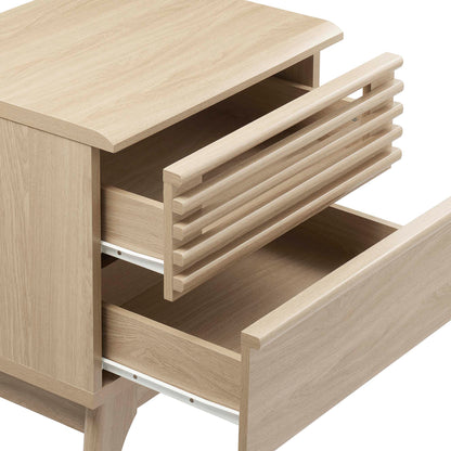 Light oak wood bedside cabinet with two drawers, slatted front top drawer and full-depth bottom drawer, minimalist storage.