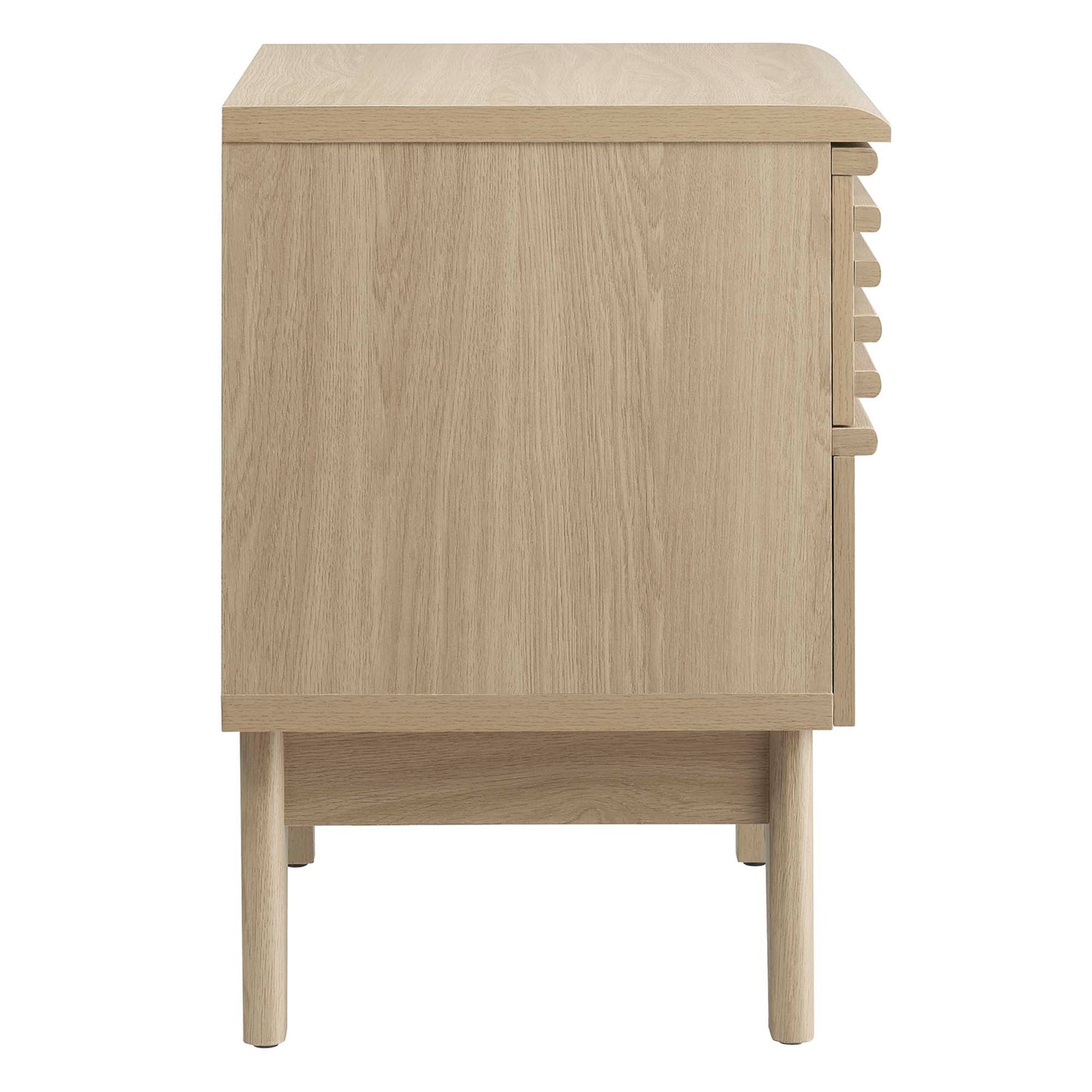 Oak wood nightstand on tapered legs with curved top edge.