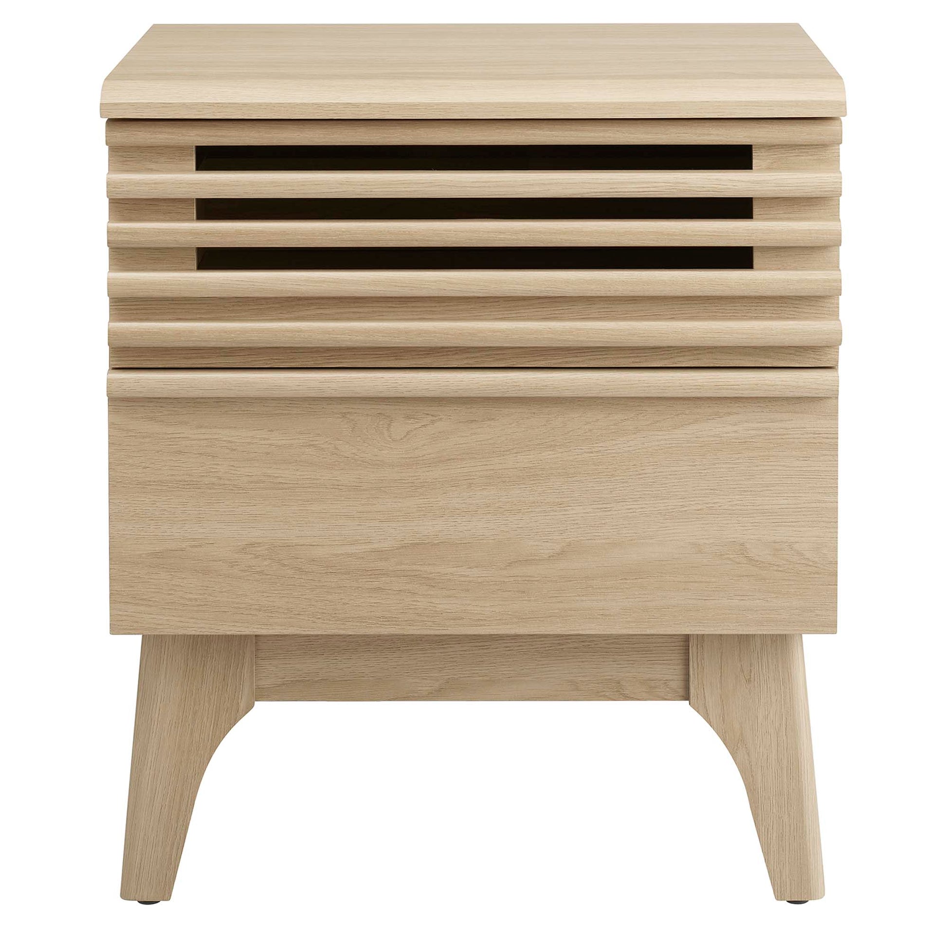 Light oak wood nightstand with slatted upper drawer, solid lower panel & curved legs in Scandinavian style.