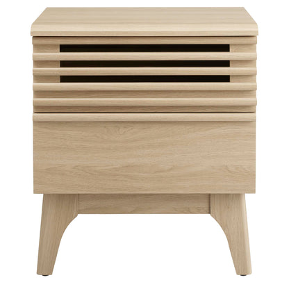 Light oak wood nightstand with slatted upper drawer, solid lower panel & curved legs in Scandinavian style.