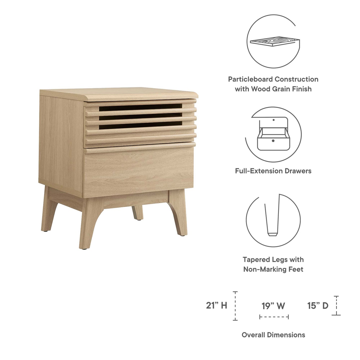 Brown-finish particleboard nightstand with slatted front detail, full-extension drawer, and tapered legs.