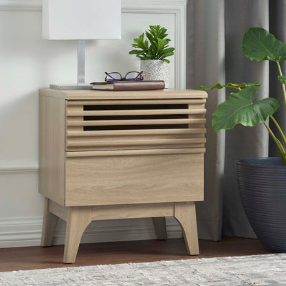 Brown nightstand with a vented slatted drawer and curved legs; lamp, plant, glasses, and book on top.