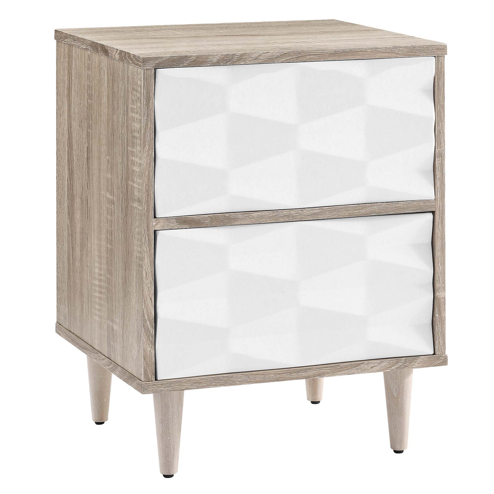 Oak-finish two-drawer nightstand with white faceted drawer fronts & tapered legs