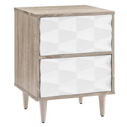 Oak-finish two-drawer nightstand with white faceted drawer fronts & tapered legs